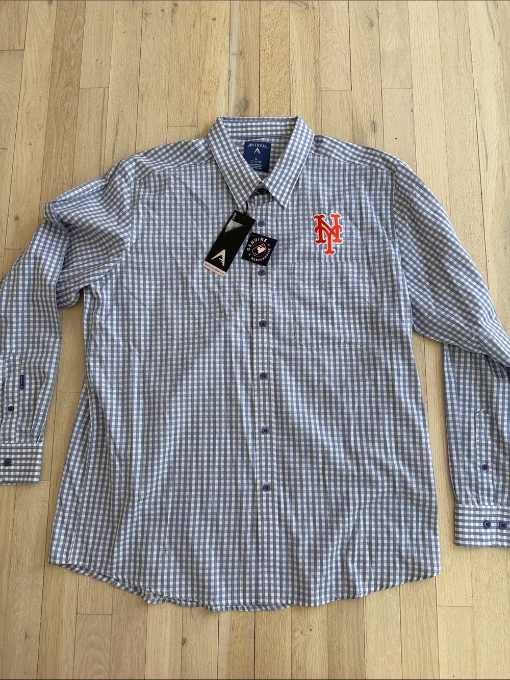 Antigua Blue and White Gingham Button-Down Shirt with Orange Logo Mets New